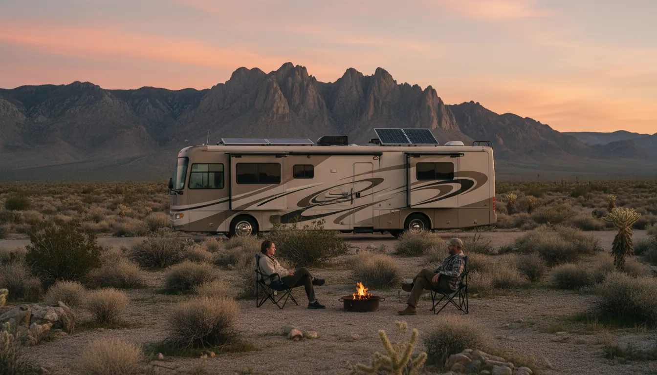 RV boondocking on expansive BLM desert land with mountain views and solar panels visible