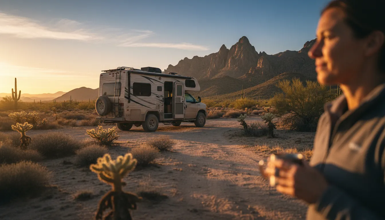 Solo RV boondocking in remote desert setting with mountains in background at sunrise