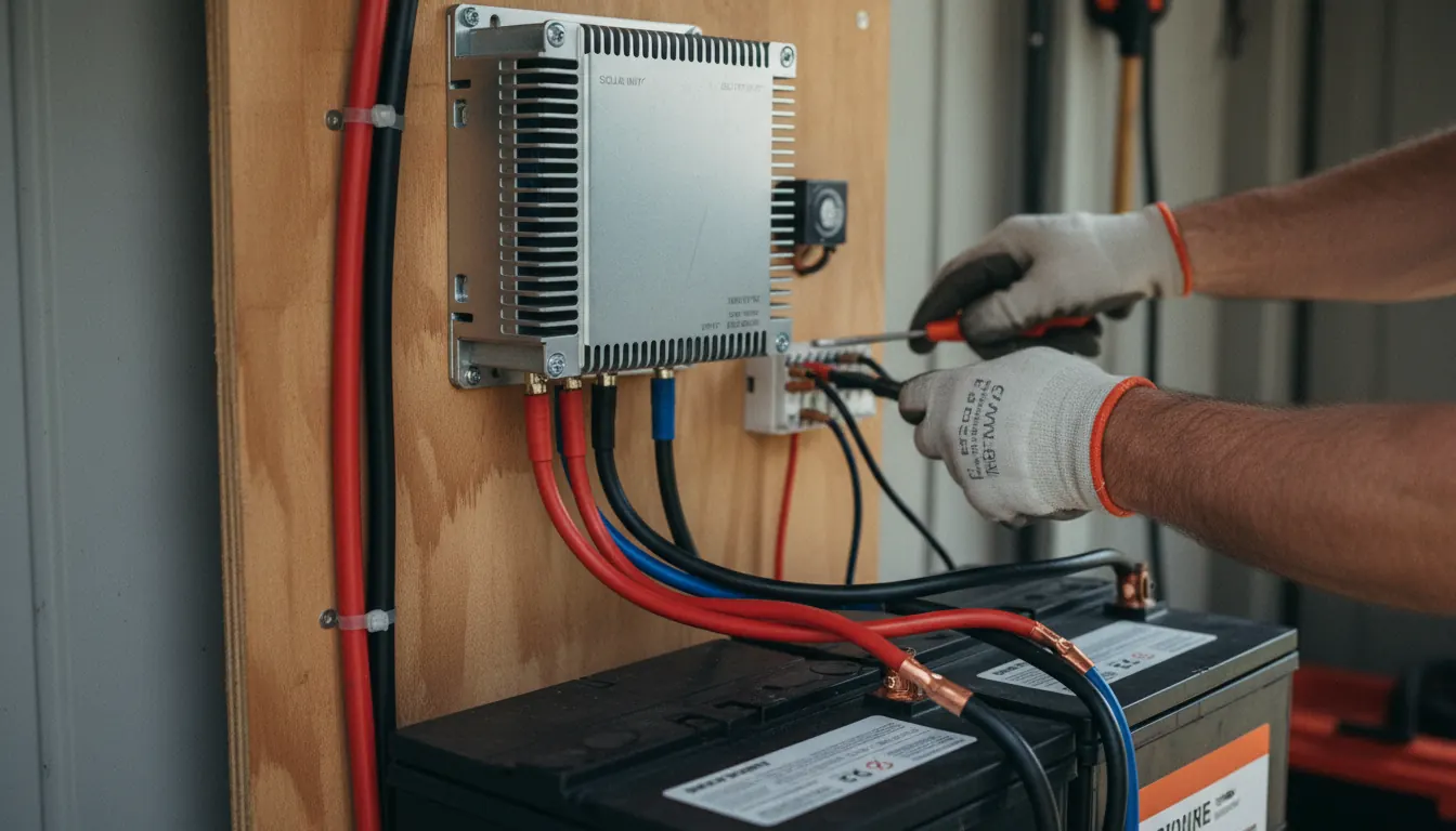 Close-up of MPPT charge controller installation showing proper wire connections and battery links
