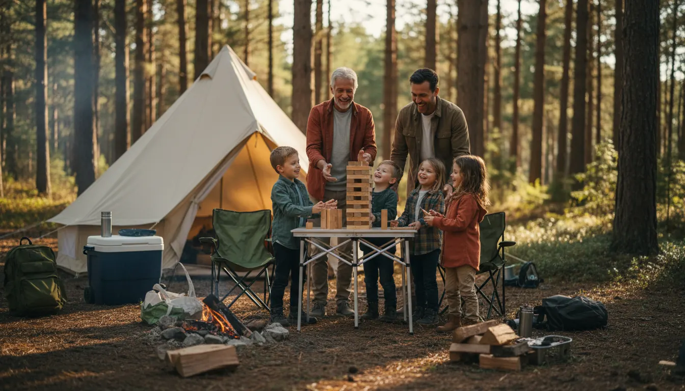 Multi-generational family playing outdoor games around campsite with camping gear visible