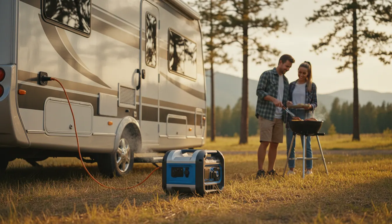 Modern portable inverter generator running beside RV with power cable connection shown