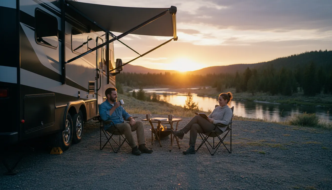 Modern RV parked at scenic campsite during sunset with camping chairs and awning extended