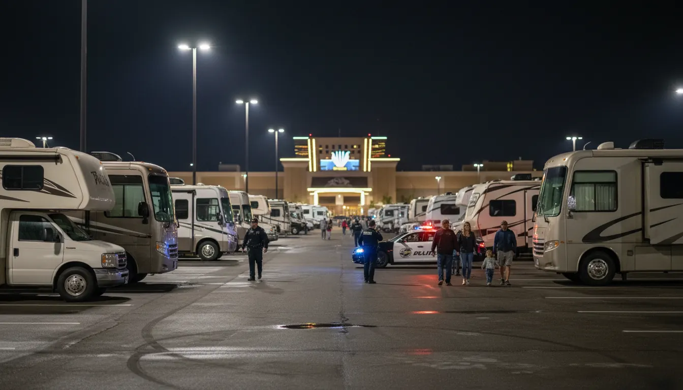 Well-lit casino parking lot at night showing RVs parked in designated areas with security presence