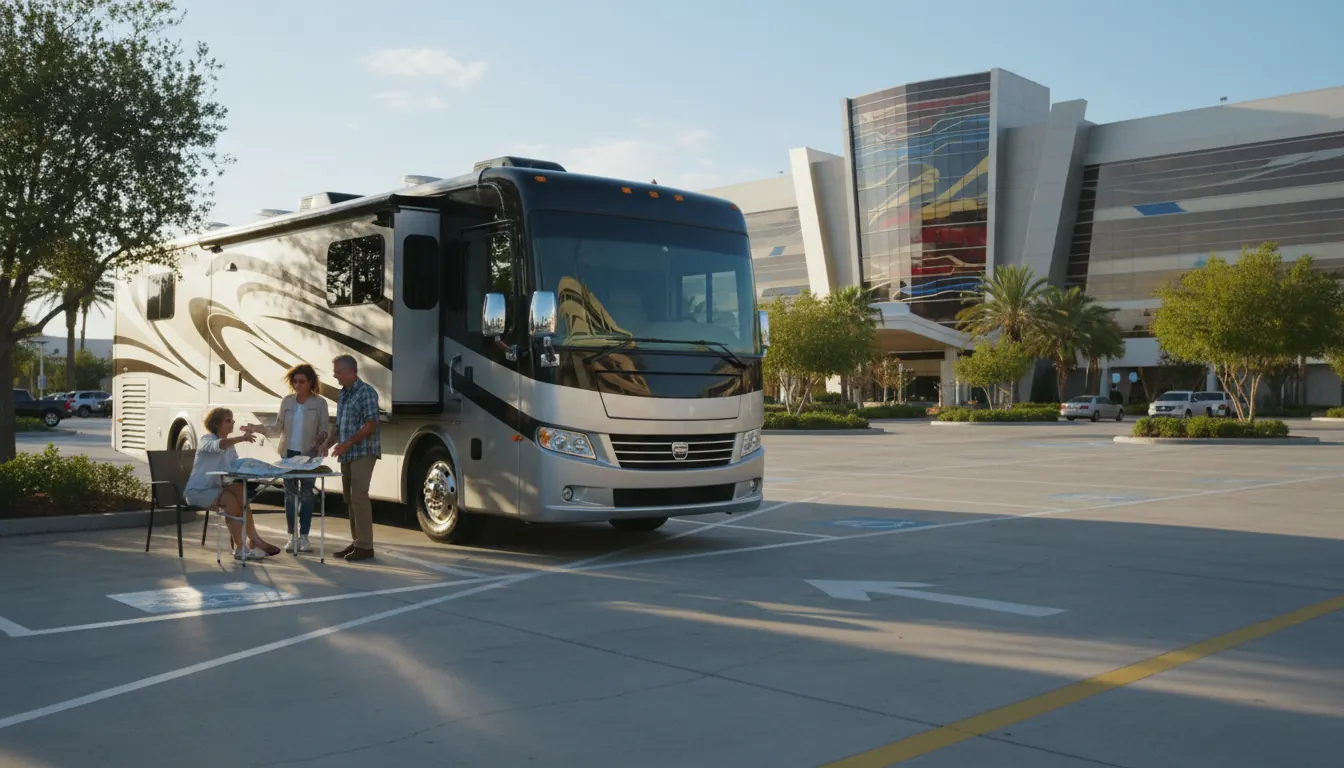 Modern RV parked in designated casino parking area with clear signage and ample space