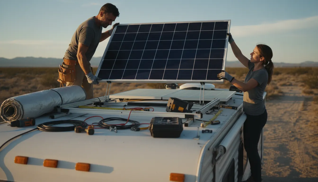 Solar panels mounted on RV roof with installation tools and equipment visible