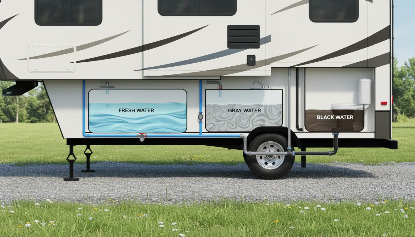 Detailed diagram showing fresh water, gray water, and black water tank locations in typical RV